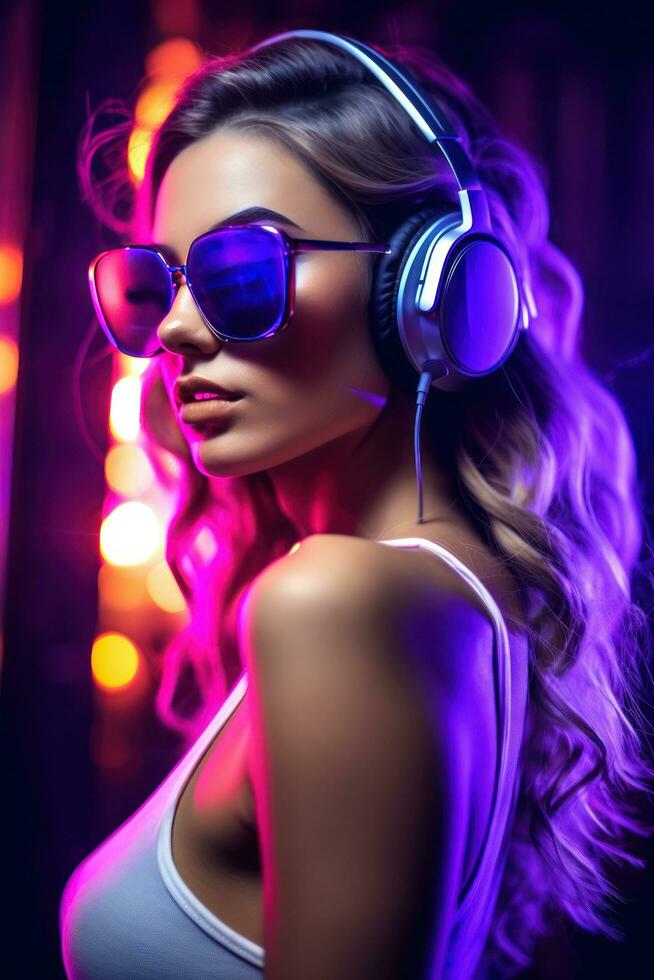 attrayant femme dans une dj écouteurs et lunettes de soleil photo