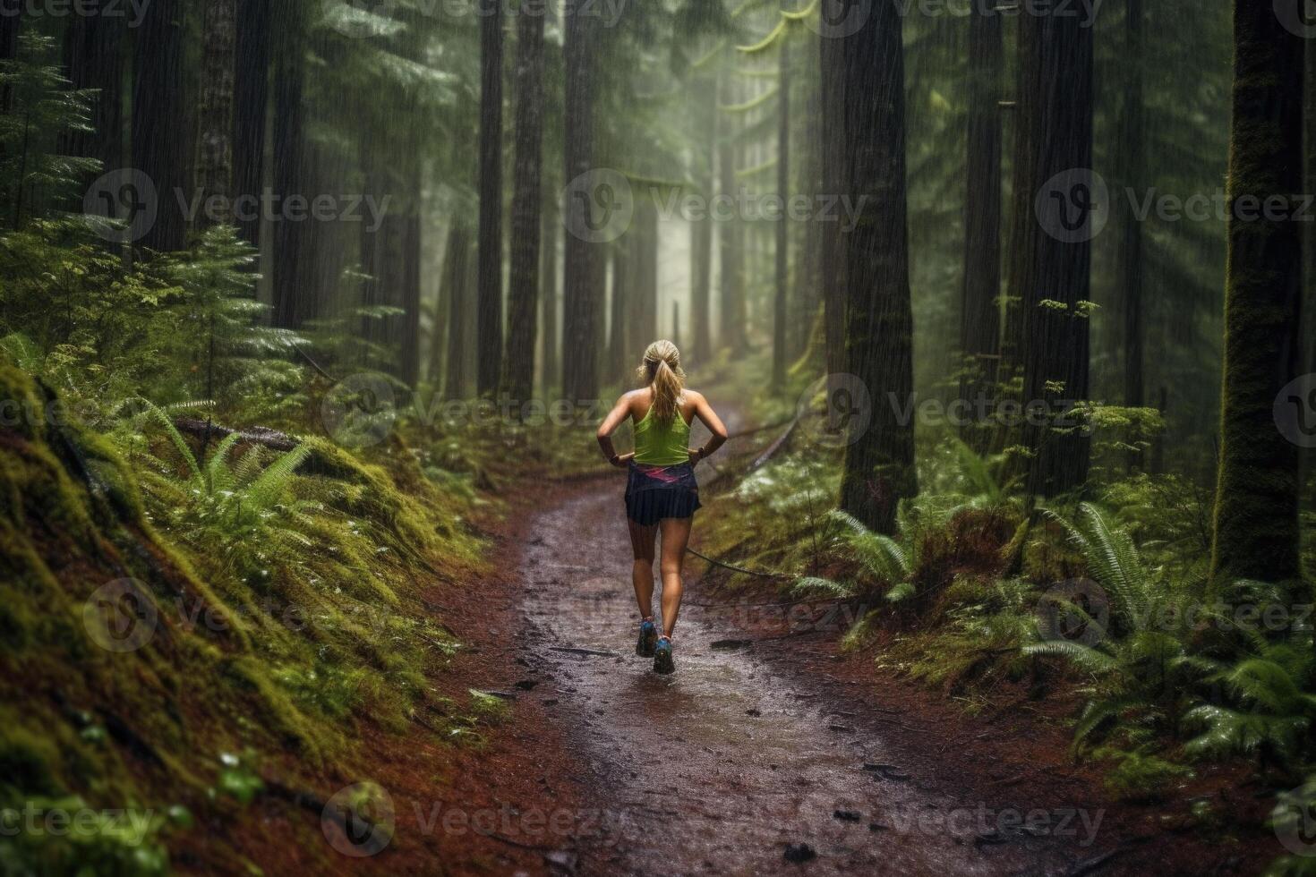 femme coureur dans des sports veste courir forêt Piste dans le pluie, retour voir. génératif ai photo