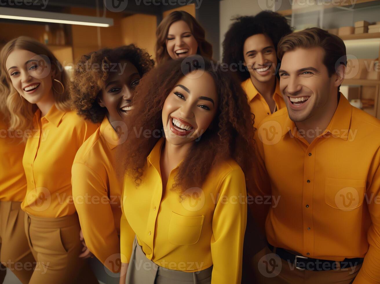 ai génératif souriant diverse multiracial femelle des employés ouvriers spectacle équipe unité et direction à lieu de travail content Multi-éthnique femmes collègues collègues de travail ressentir motivée dans Bureau Succès recrutement photo