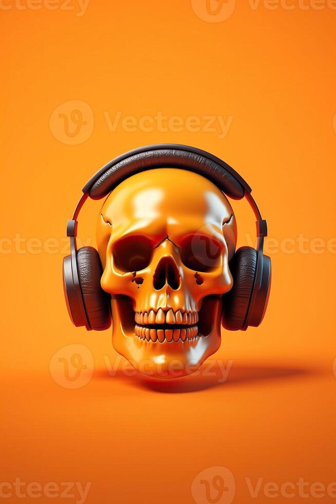 illustration crâne portant casque de musique sur Orange Contexte fabriqué avec génératif ai photo