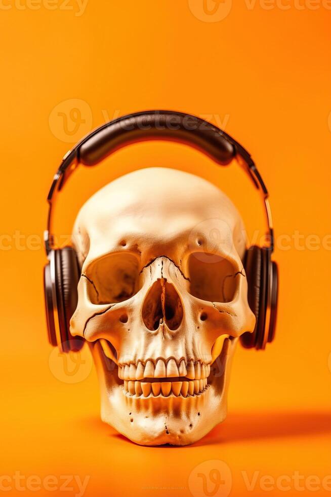 illustration crâne portant casque de musique sur Orange Contexte fabriqué avec génératif ai photo