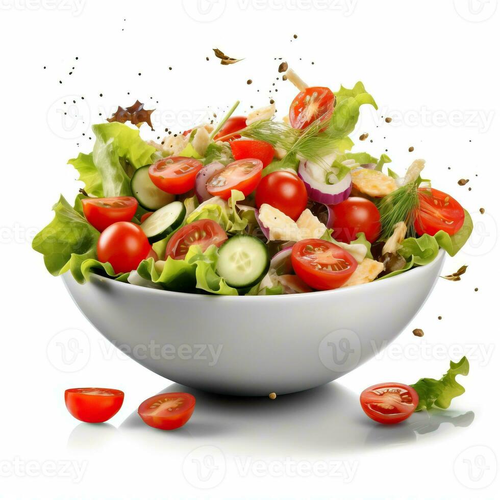 Frais légume salade dans vert bol et tomates isolé sur blanc fabriqué avec génératif ai photo