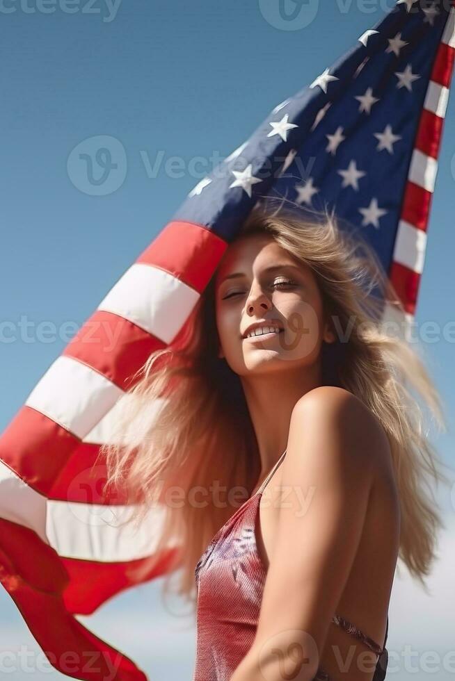 réaliste la photographie de content femme permanent avec drapeau fabriqué avec génératif ai photo