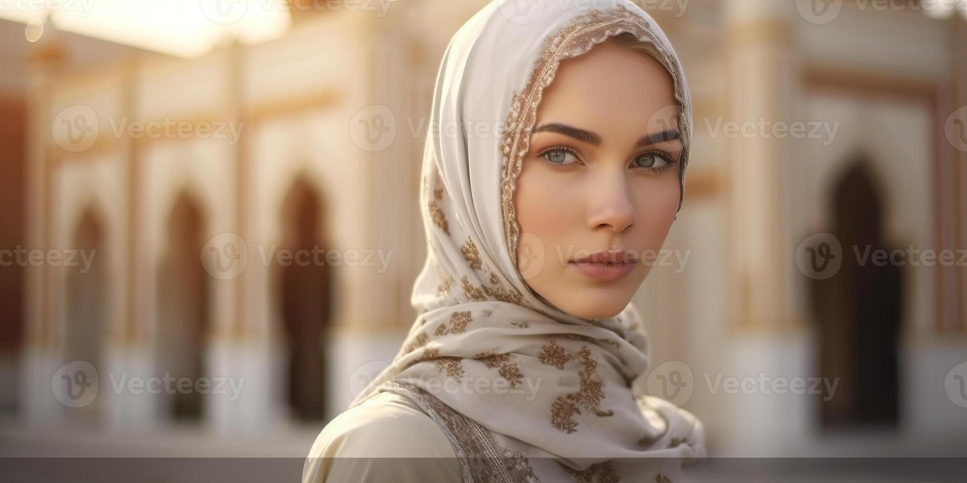 portrait magnifique femme portant hijab avec lumière exposition fabriqué avec génératif ai photo