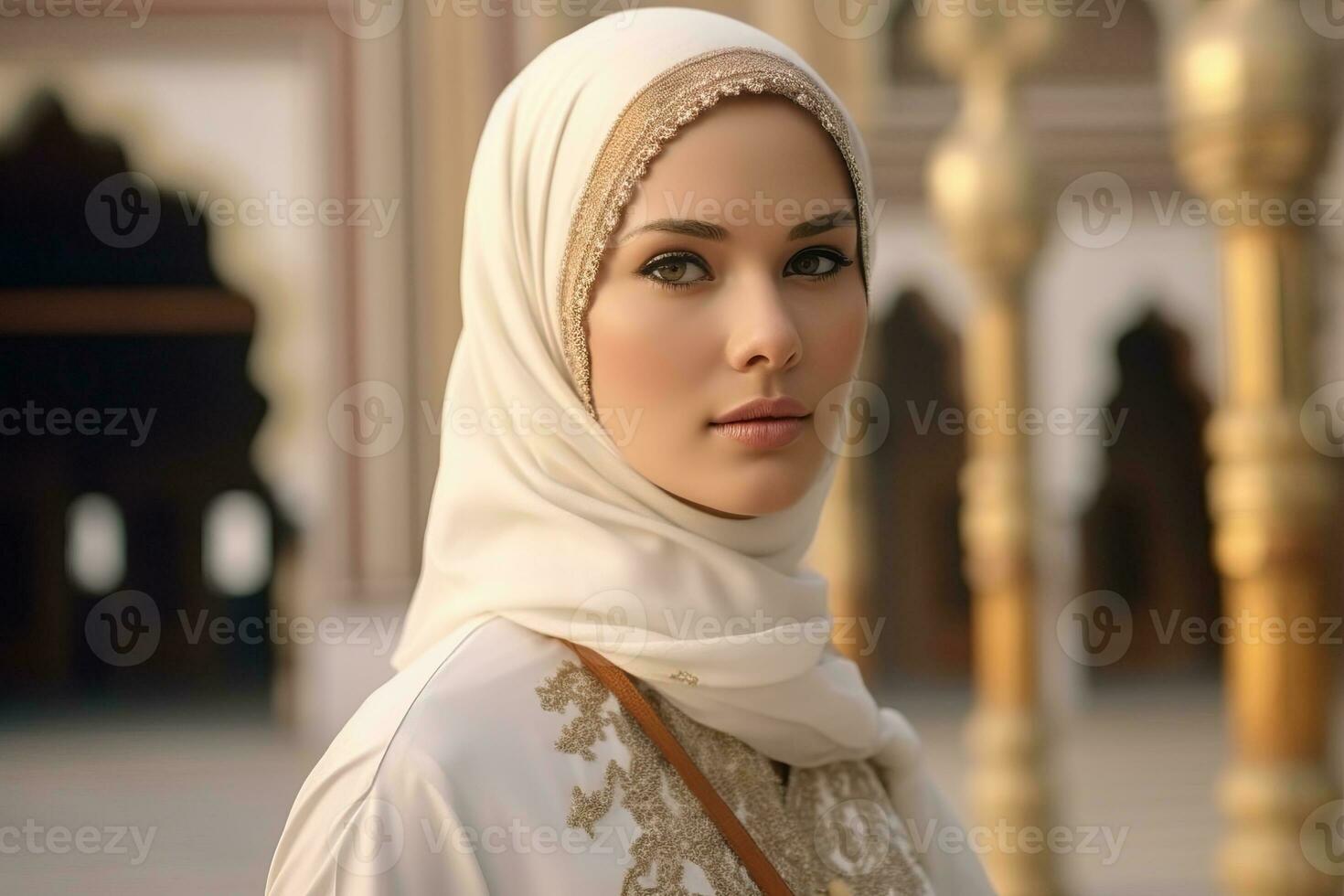 portrait magnifique femme portant hijab avec lumière exposition fabriqué avec génératif ai photo