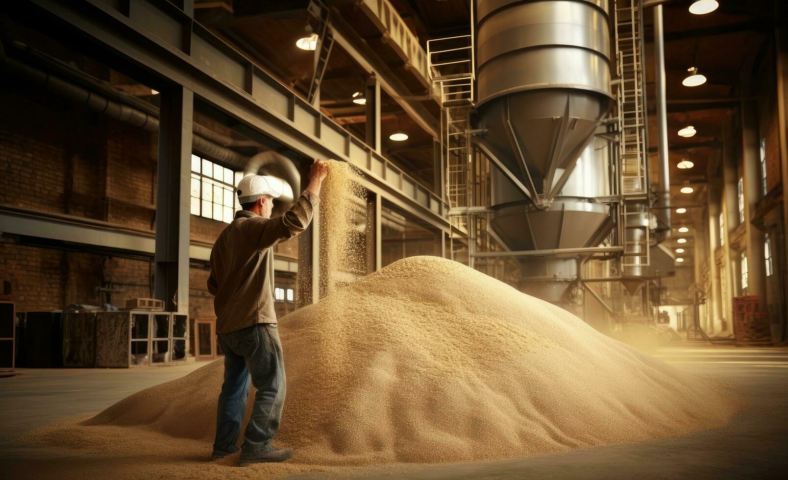 fermer mains ouvrier détient grain pour production de blanc farine dans automatique moderne moulin pour pain. établi avec génératif ai technologie. photo