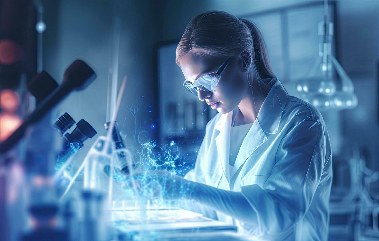 médical recherche laboratoire portrait de une magnifique femelle scientifique dans des lunettes de protection en utilisant micro pipette pour tester analyse. Avancée scientifique laboratoire pour médecine, établi avec génératif ai technologie. photo