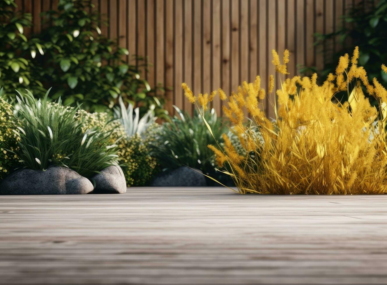 vieux en bois terrasse et plante avec mur jardin décoratif. établi avec génératif ai technologie. photo