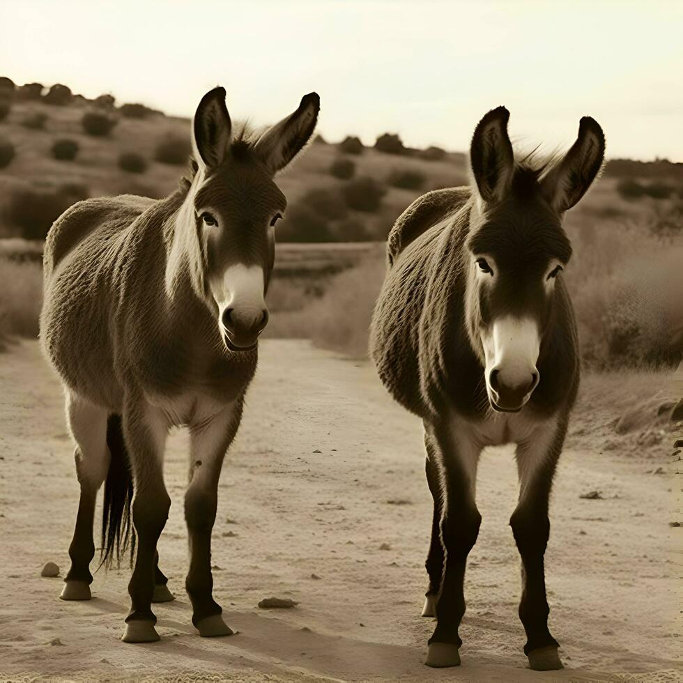 deux les ânes en marchant dans le désert. monochrome image. photo