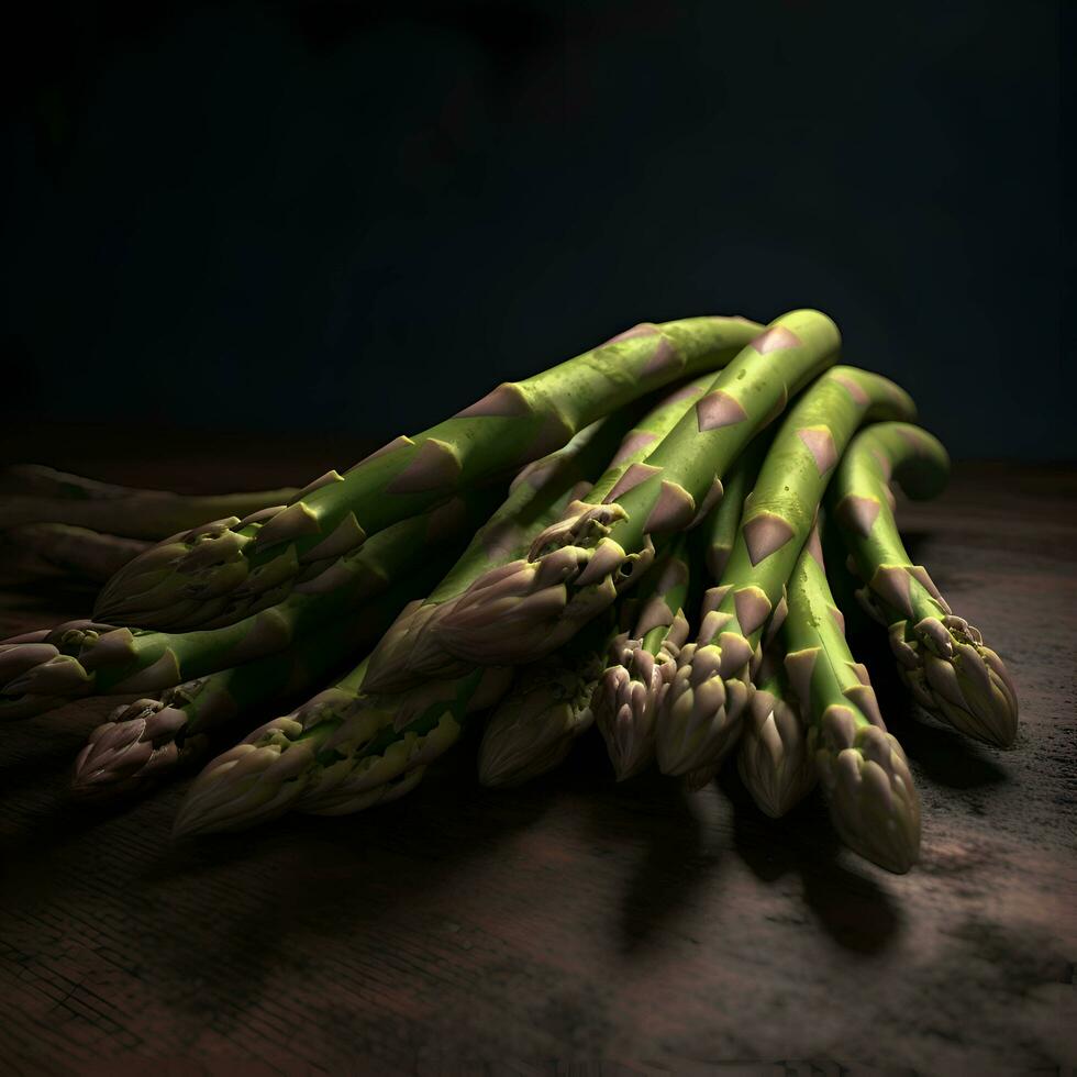 bouquet de Frais vert asperges sur en bois table avec foncé Contexte photo