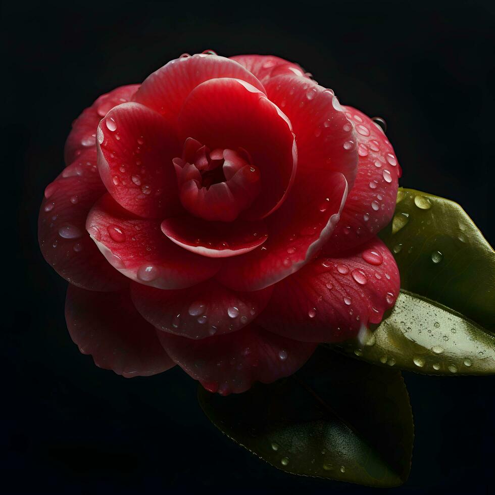 rouge camélia fleur avec rosée gouttes sur noir Contexte. photo