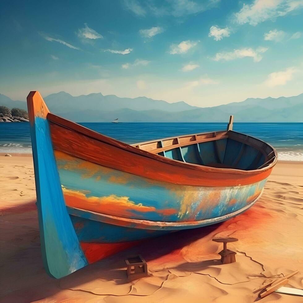 pêche bateau sur le plage à le coucher du soleil. coloré paysage. photo