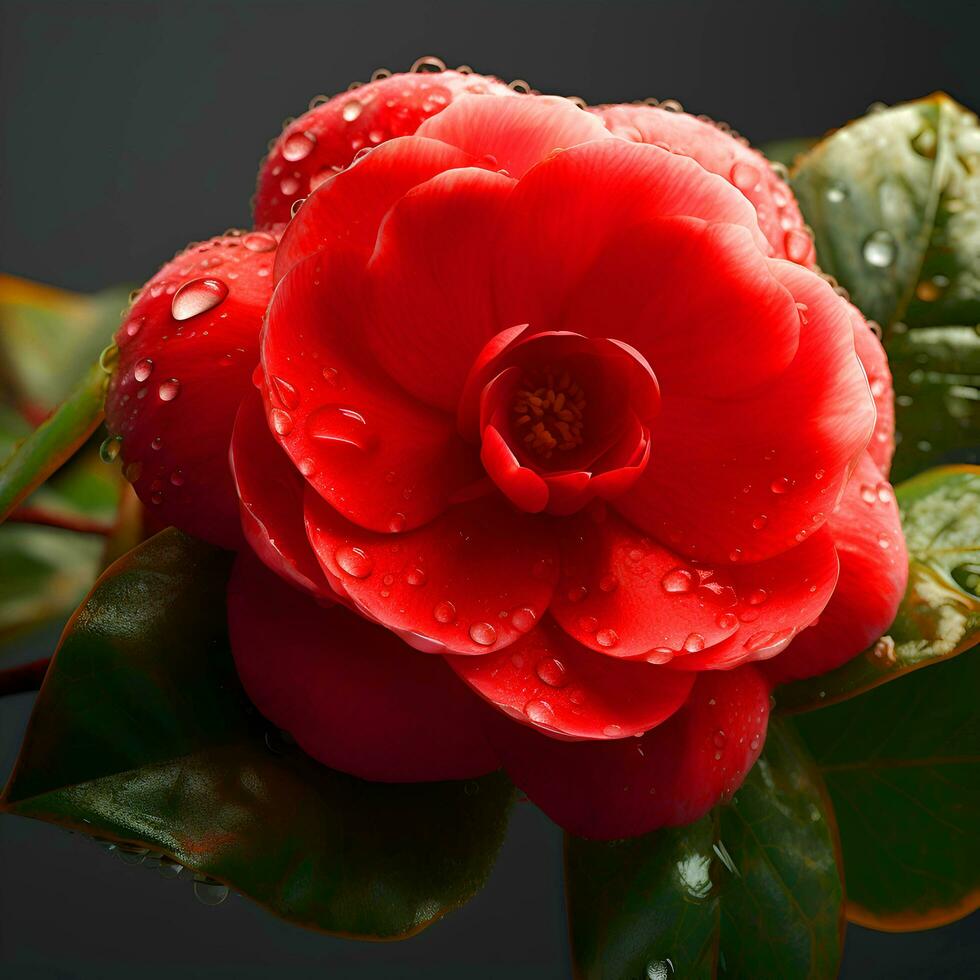 magnifique rouge camélia fleur avec l'eau gouttes sur noir Contexte photo