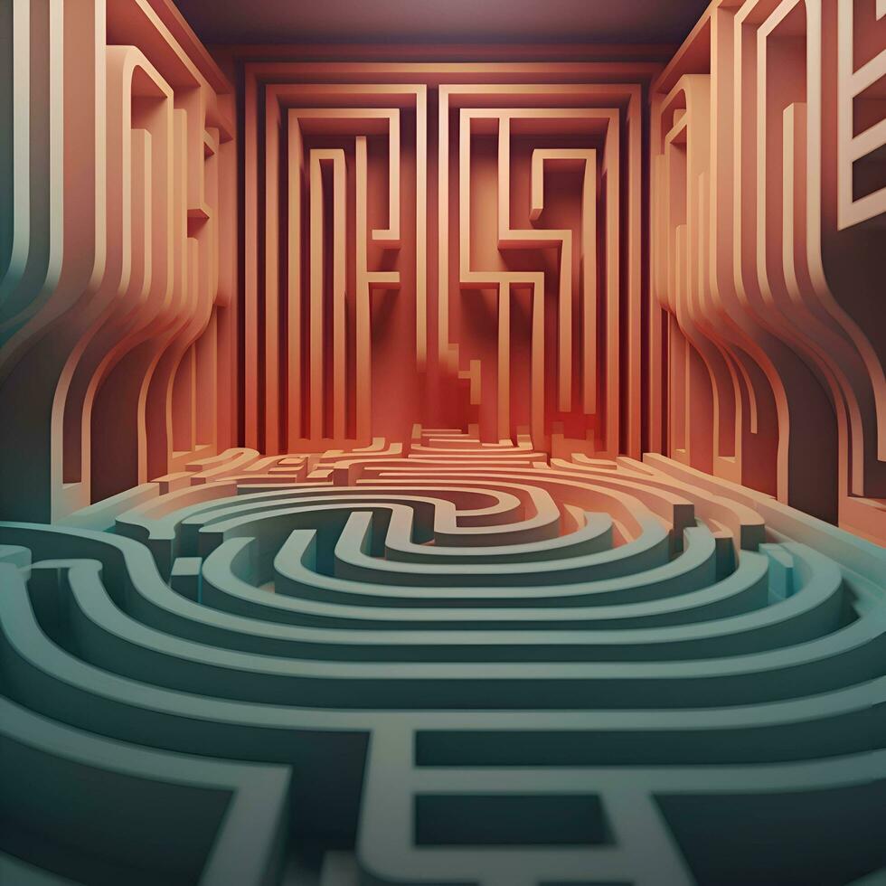 3d le rendu de une labyrinthe dans une pièce avec une lumière à l'intérieur photo