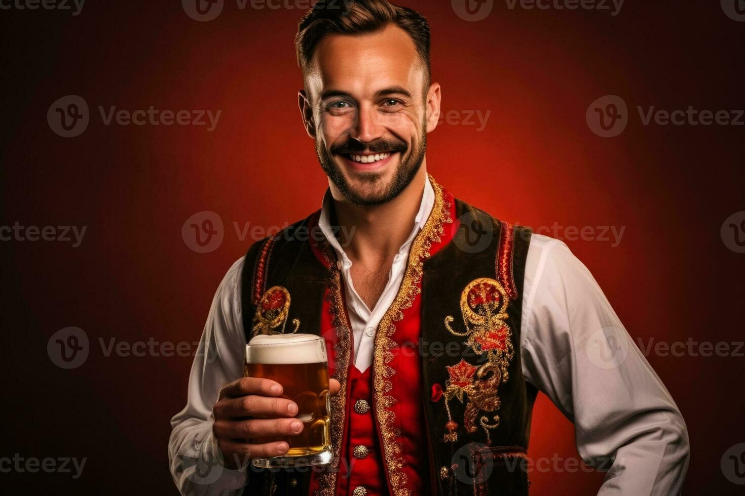 Jeune homme dans traditionnel allemand vêtements avec Bière sur solide rouge Contexte photo