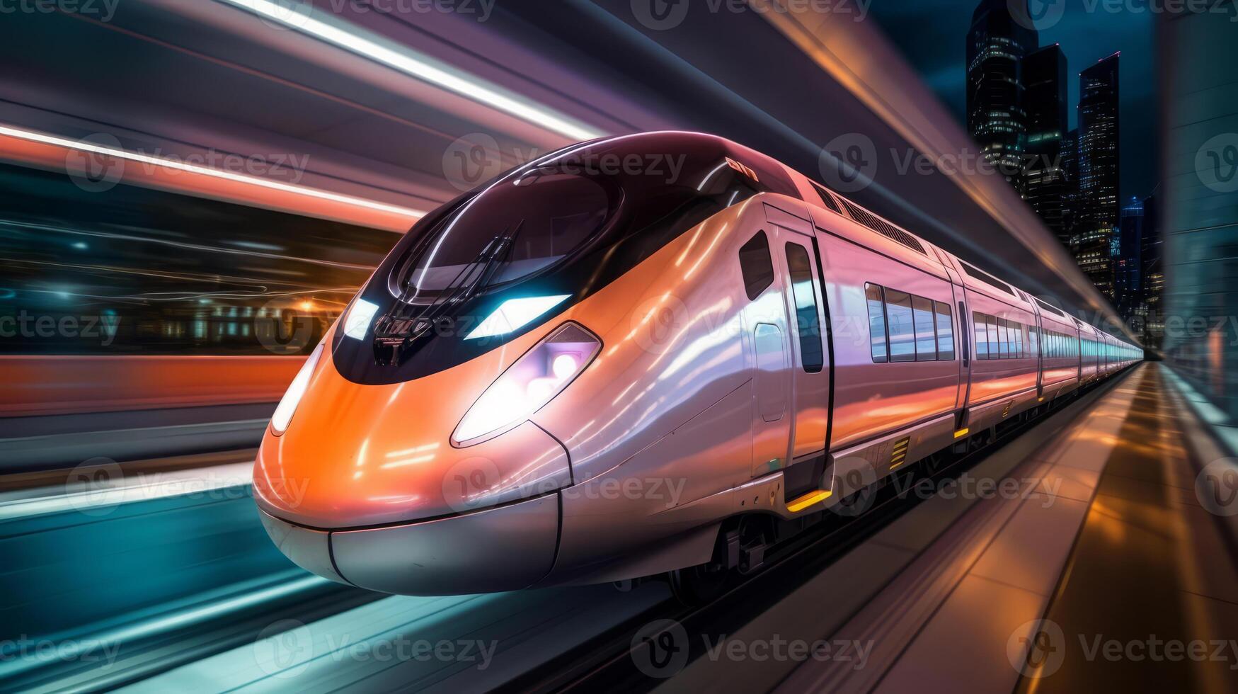 flou mouvement de haute la vitesse train sur futuriste chemin de fer Piste  généré par ai 25493283 Photo de stock chez Vecteezy