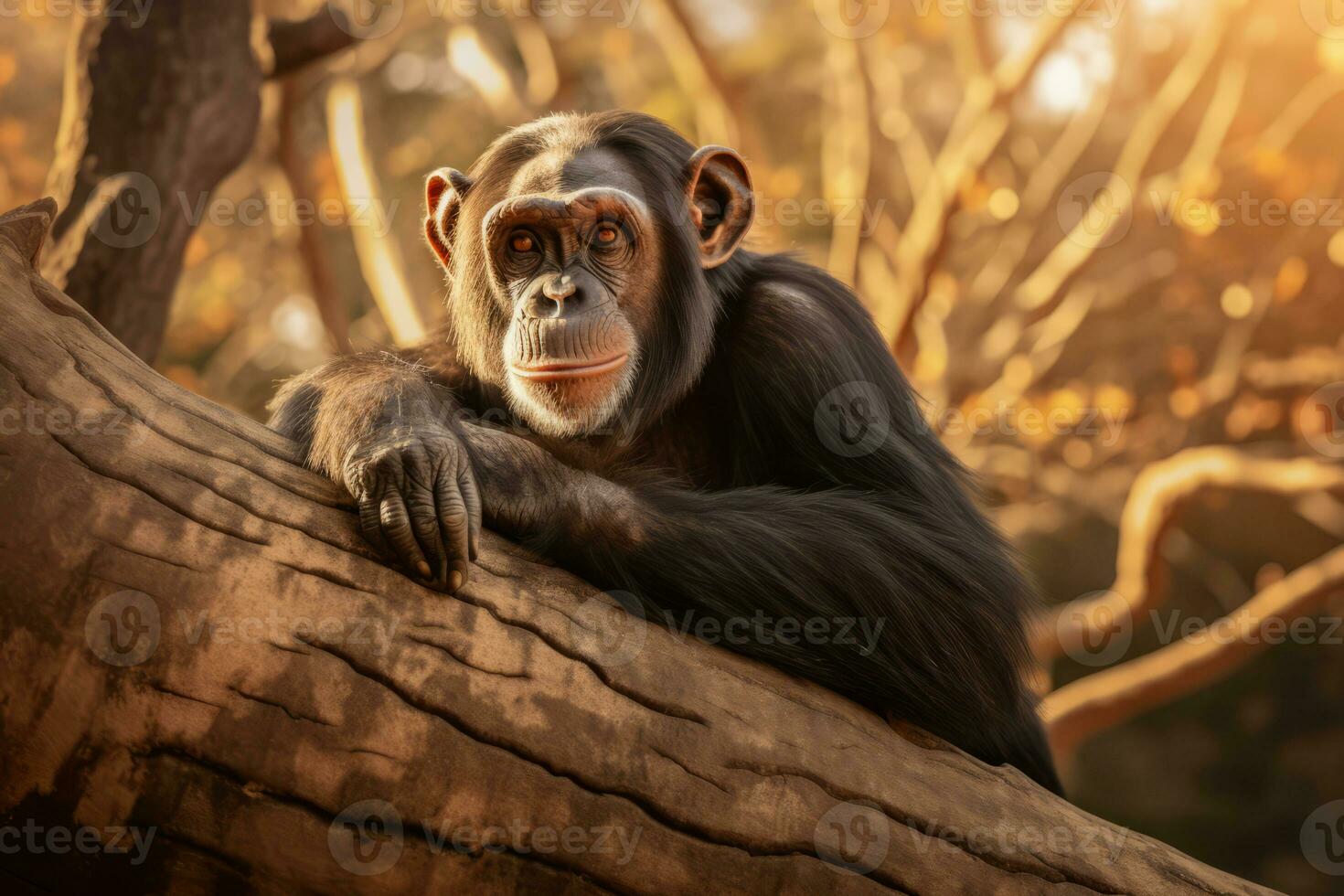 chimpanzé dans nature, nationale géographie, large la vie animaux. ai généré. photo
