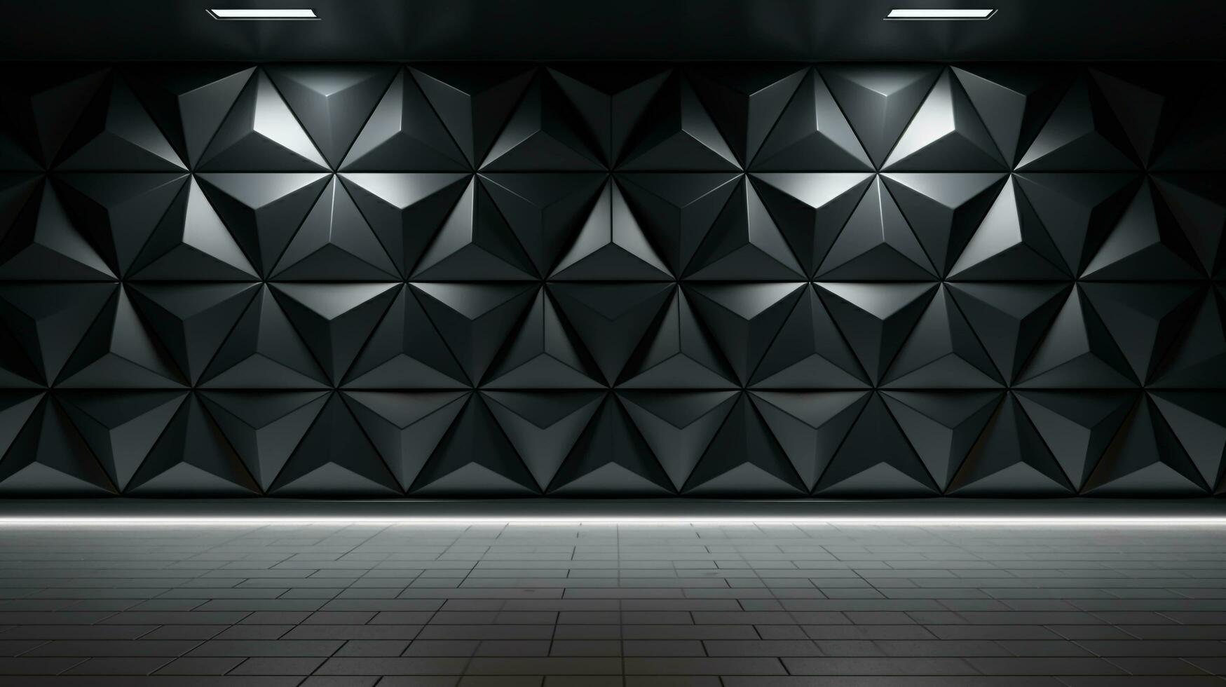 une pièce avec une brillant, semi-brillant mur Contexte couvert dans une triangulaire tuile fond d'écran avec noir blocs, ai généré photo