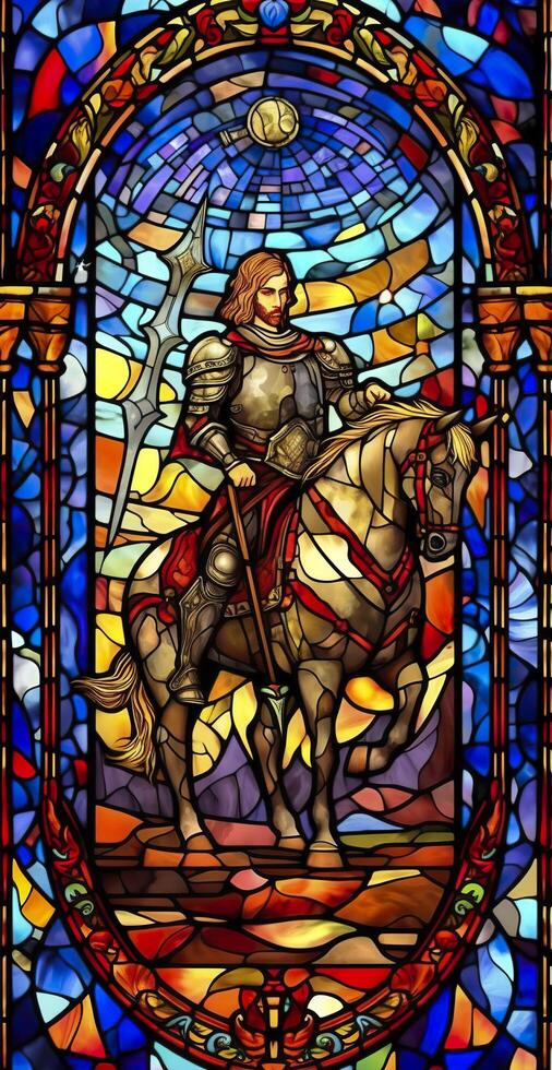 une Chevalier dans brillant armure. un illustration de une mythique ancien paladin dans coloré verre Renaissance fresque style. ai génératif photo