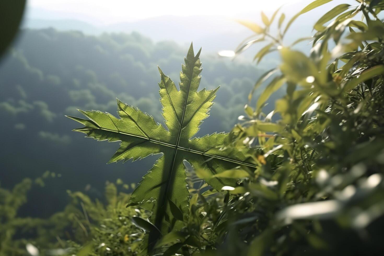 le traverser de Dieu avec vert feuille, dans le des rayons de le Soleil et bleu ciel. traverser sur le colline avec vert des arbres et vert Naturel voir. religieux concept, ai génératif photo