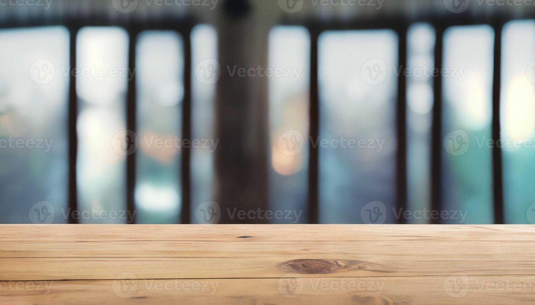 ai généré, en bois table Haut sur brouiller Contexte de fenêtre et bokeh image. photo