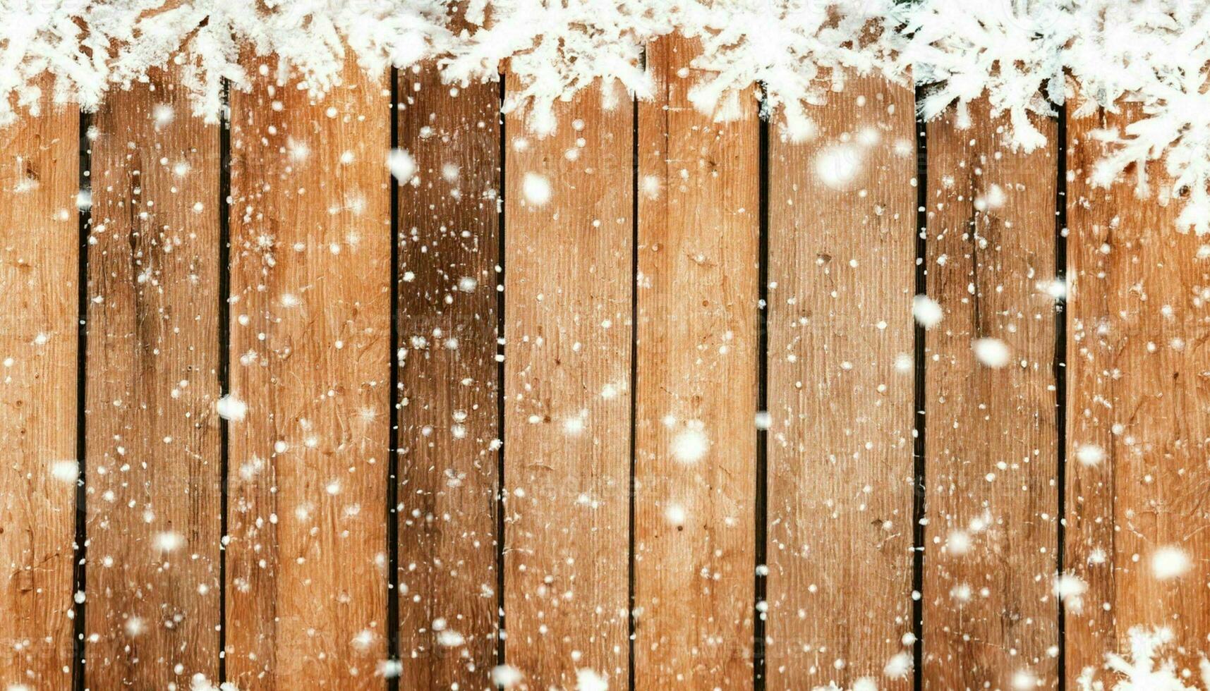 ai généré, en bois Contexte avec neige et flocons de neige. Noël Contexte. photo