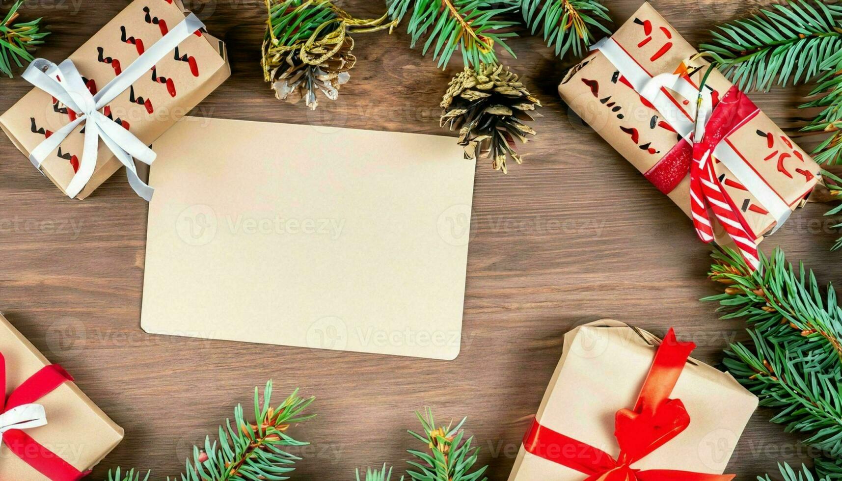 ai généré, Noël ou Nouveau année plat allonger Haut vue Noël vacances fête salutation carte modèle avec copie espace sur papier Contexte photo