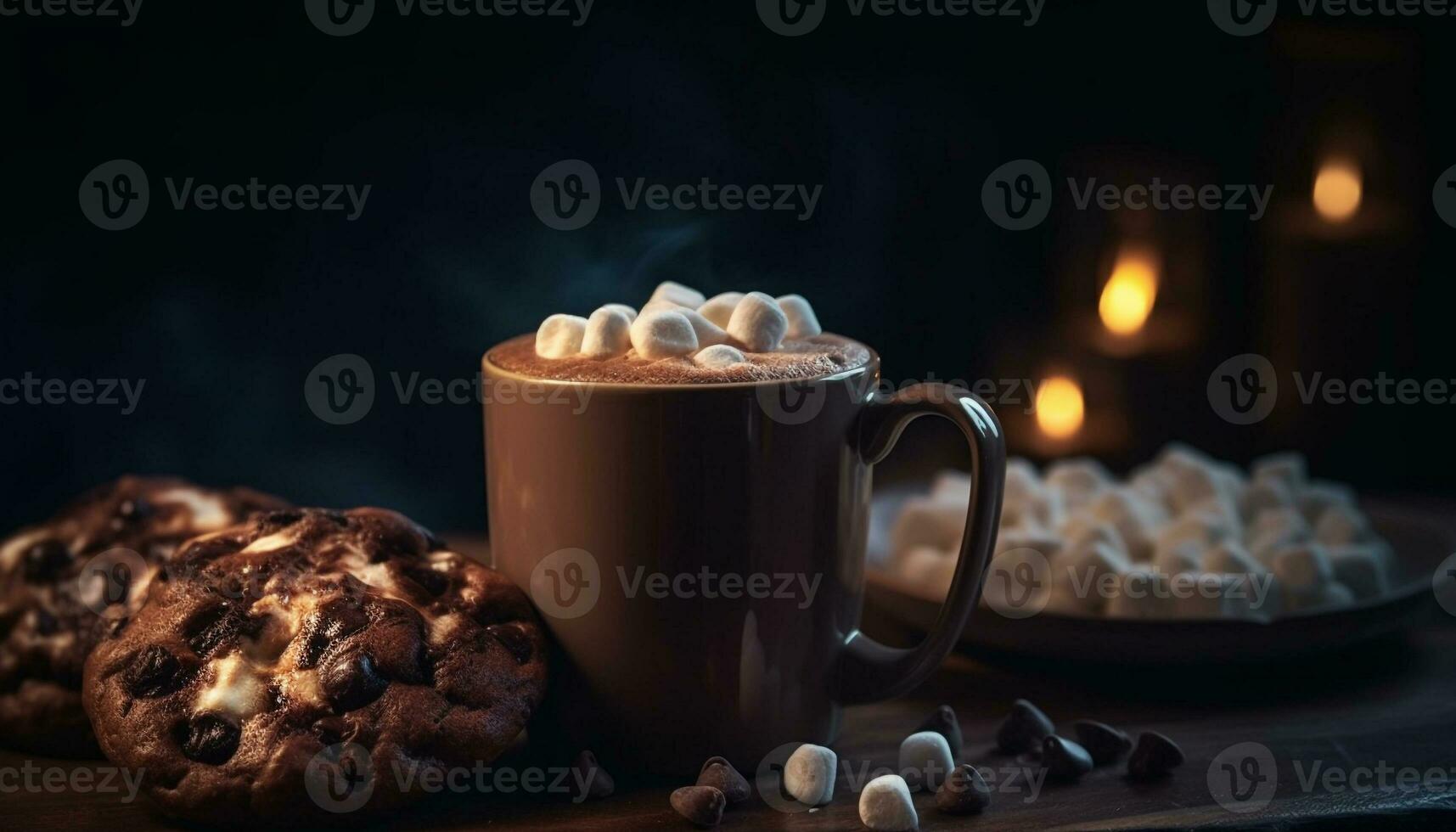 chaud chocolat, biscuits, et l'amour sur table généré par ai photo