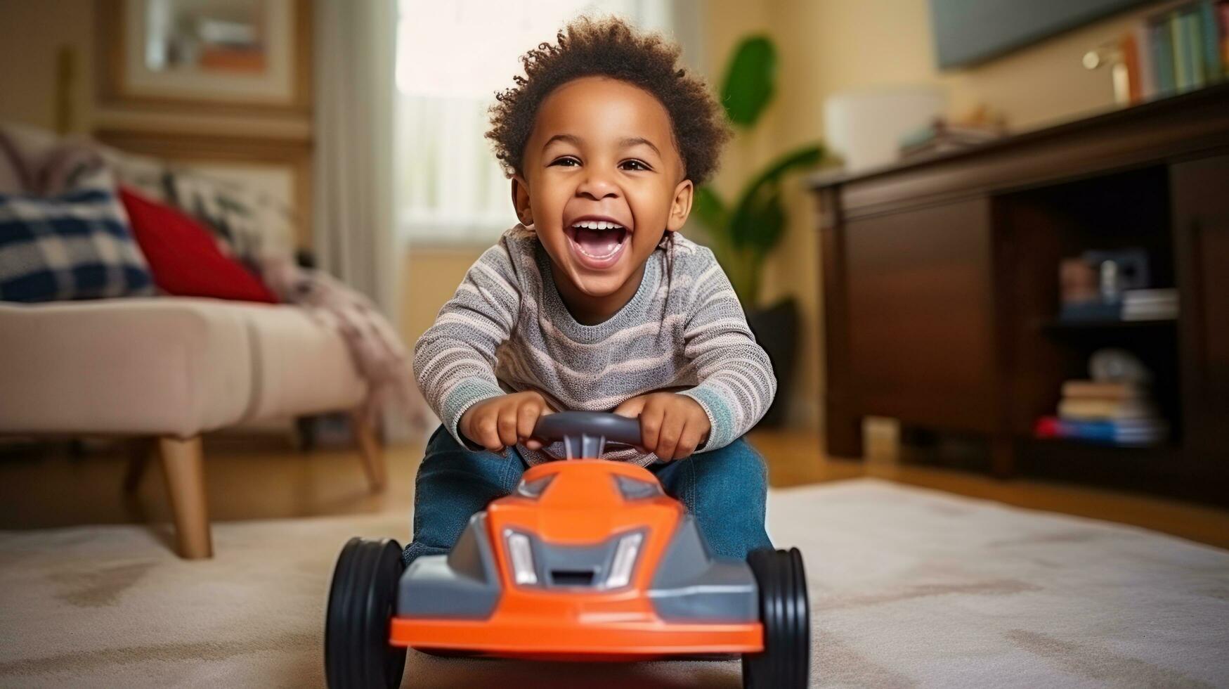 père, fils et en jouant à Accueil avec faire semblant voiture dans une boîte sur en mouvement journée dans Nouveau propriété photo