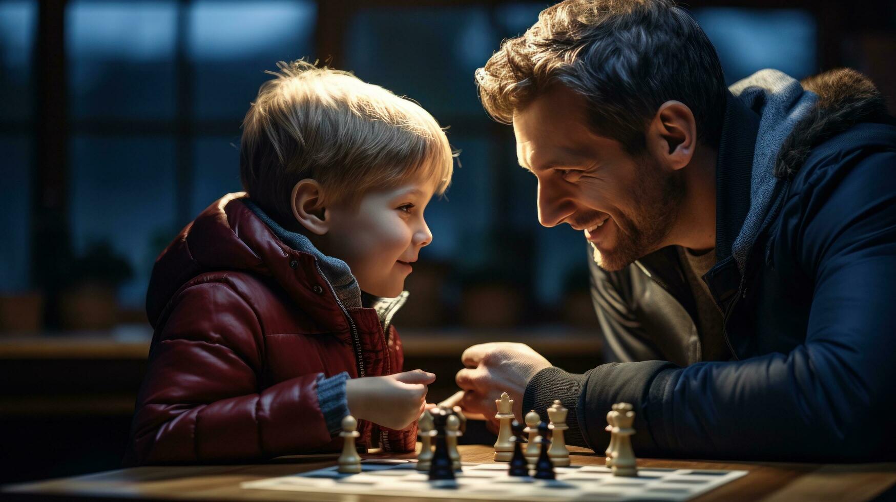 papa et enfant en jouant échecs photo