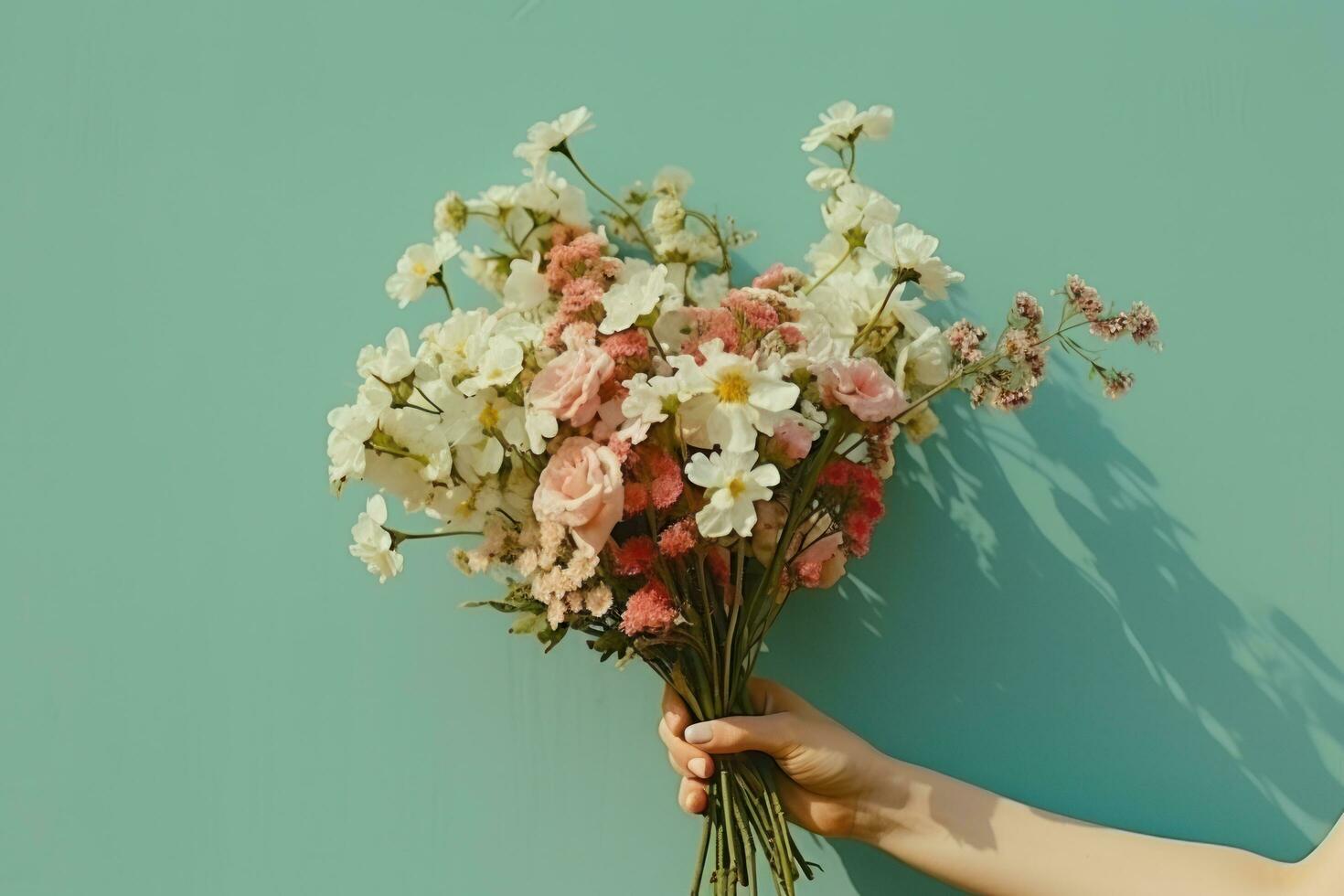 femme tenant un bouquet de fleurs photo