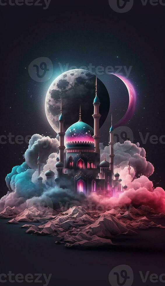 mosquée dans le des nuages avec croissant lune. ai génératif photo