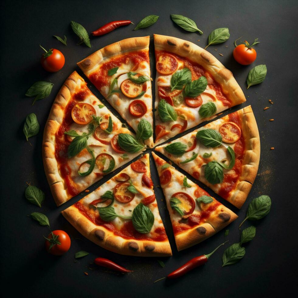 délicieux 3d Pizza avec des légumes isolé sur noir Contexte photo