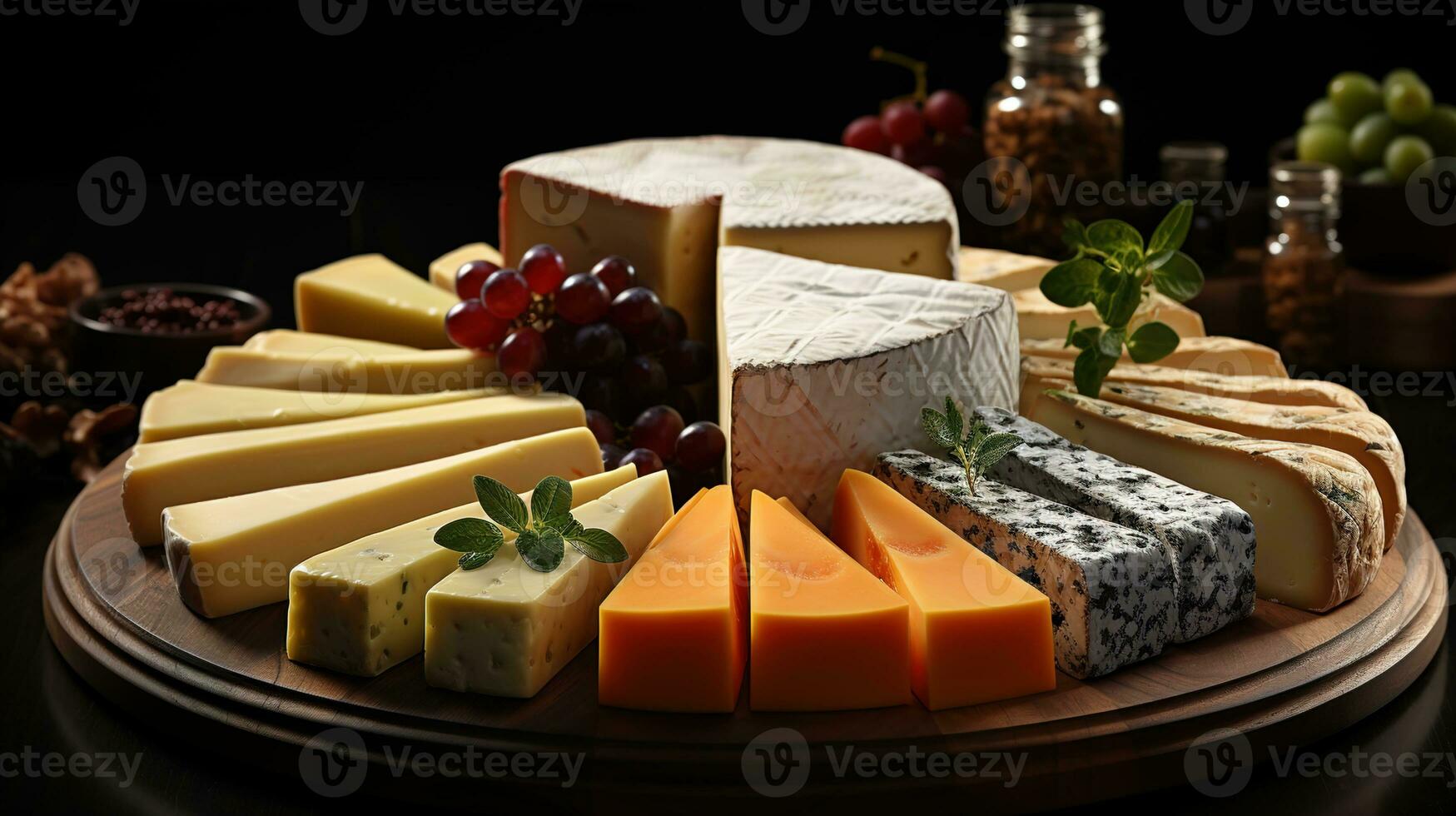 désordonné tranches de fromage, Couper dans différent formes sur en bois assiettes, ensemble sur une captivant noir arrière-plan, une culinaire plaisir, ai génératif photo