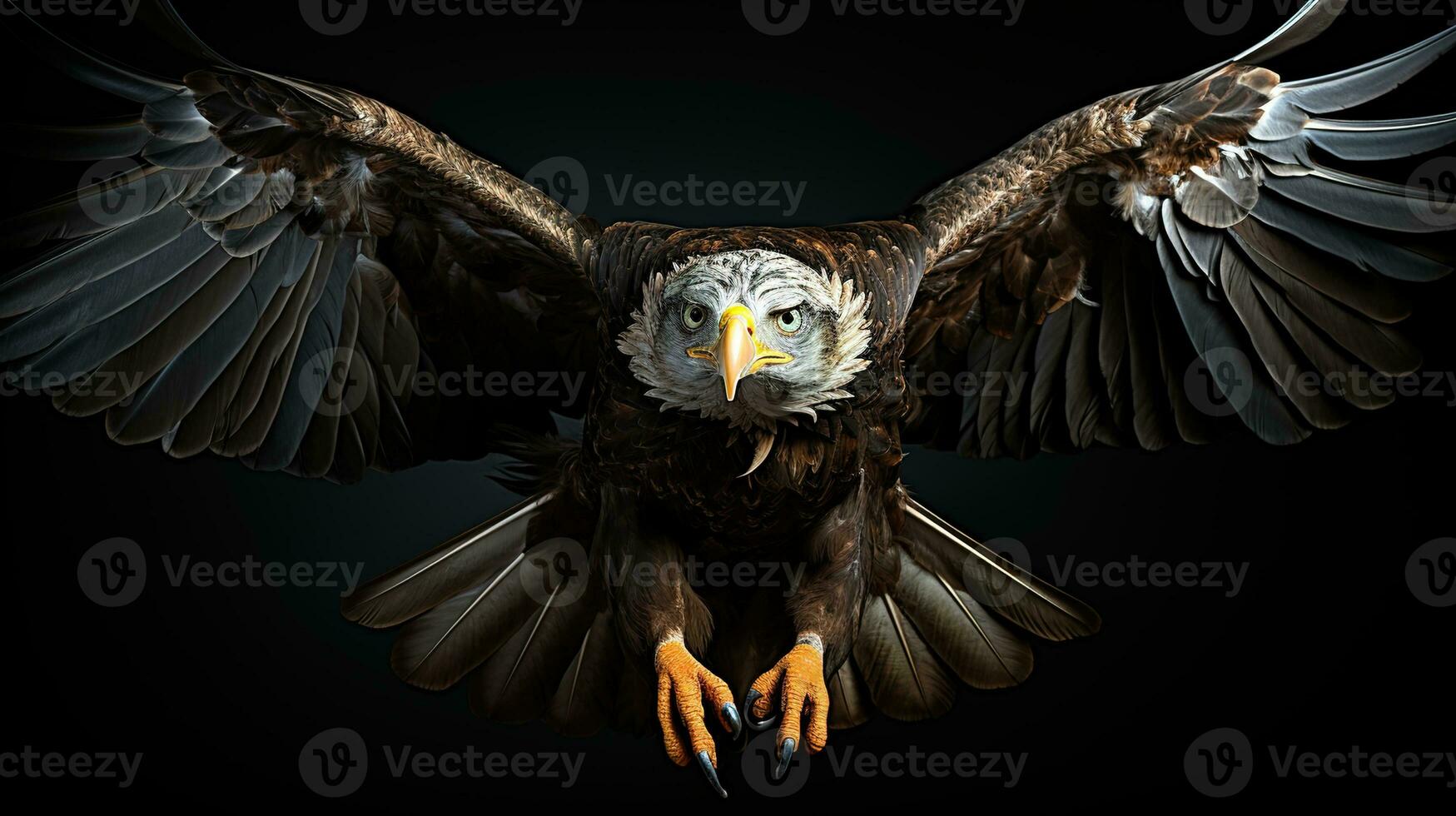 intense regard de une oiseau de proie, proche en haut de chauve d'aigle yeux avec frappant Orange Couleur sur une spectaculaire noir Contexte photo