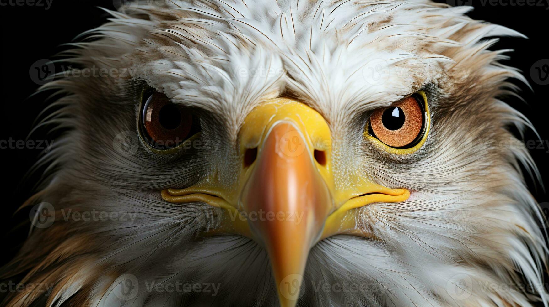 intense regard de une oiseau de proie, proche en haut de chauve d'aigle yeux avec frappant Orange Couleur sur une spectaculaire noir Contexte photo