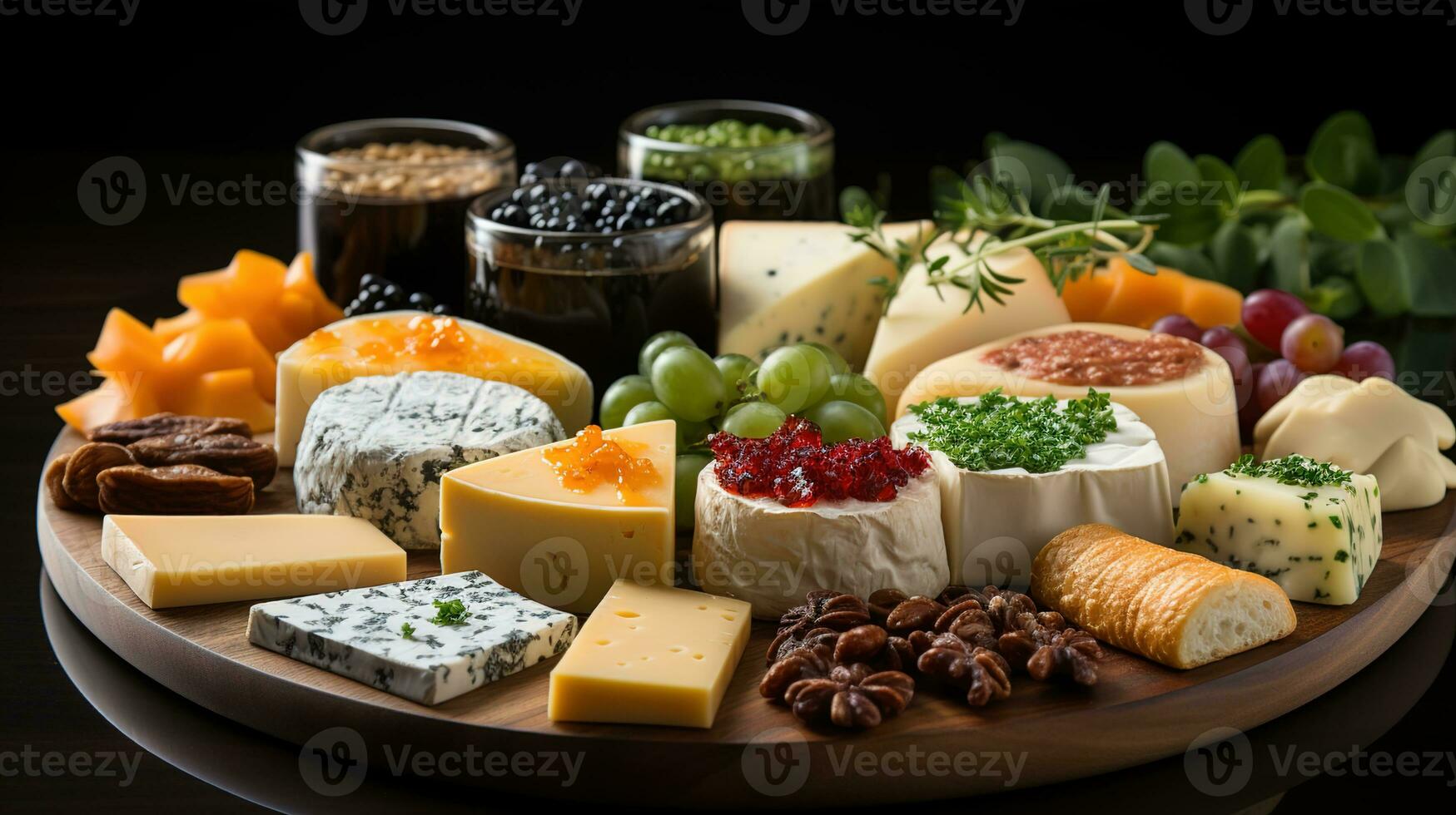 désordonné tranches de fromage, Couper dans différent formes sur en bois assiettes, ensemble sur une captivant noir arrière-plan, une culinaire plaisir, ai génératif photo