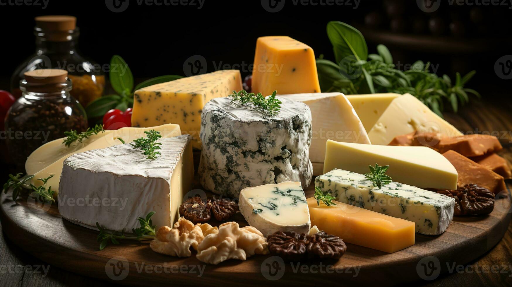 désordonné tranches de fromage, Couper dans différent formes sur en bois assiettes, ensemble sur une captivant noir arrière-plan, une culinaire plaisir, ai génératif photo