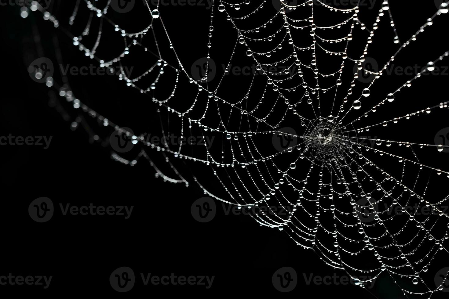 toile d'araignée isolé sur noir arrière-plan, couvert de rosée toiles d'araignées, ai généré photo