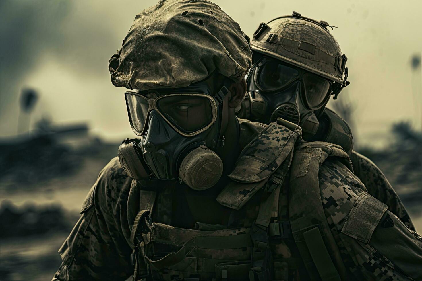 portrait de deux spécial les forces soldats dans militaire uniforme et gaz masque, une militaire soldat porter un autre soldat sur le sien épaule sur une champ de bataille, visage couvert avec une masque, ai généré photo