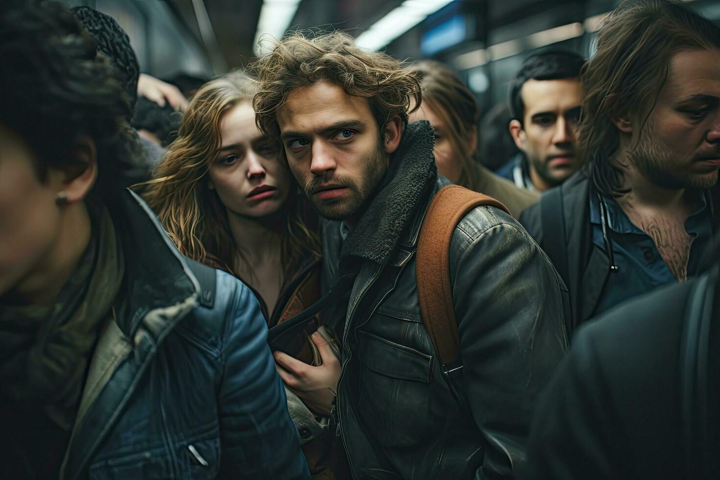 une groupe de Jeune gens permanent dans le métro et à la recherche à le caméra. une Stupéfiant image capturer une groupe de gens dans une chaotique métro gare, attendre pour le train à partir, ai généré photo