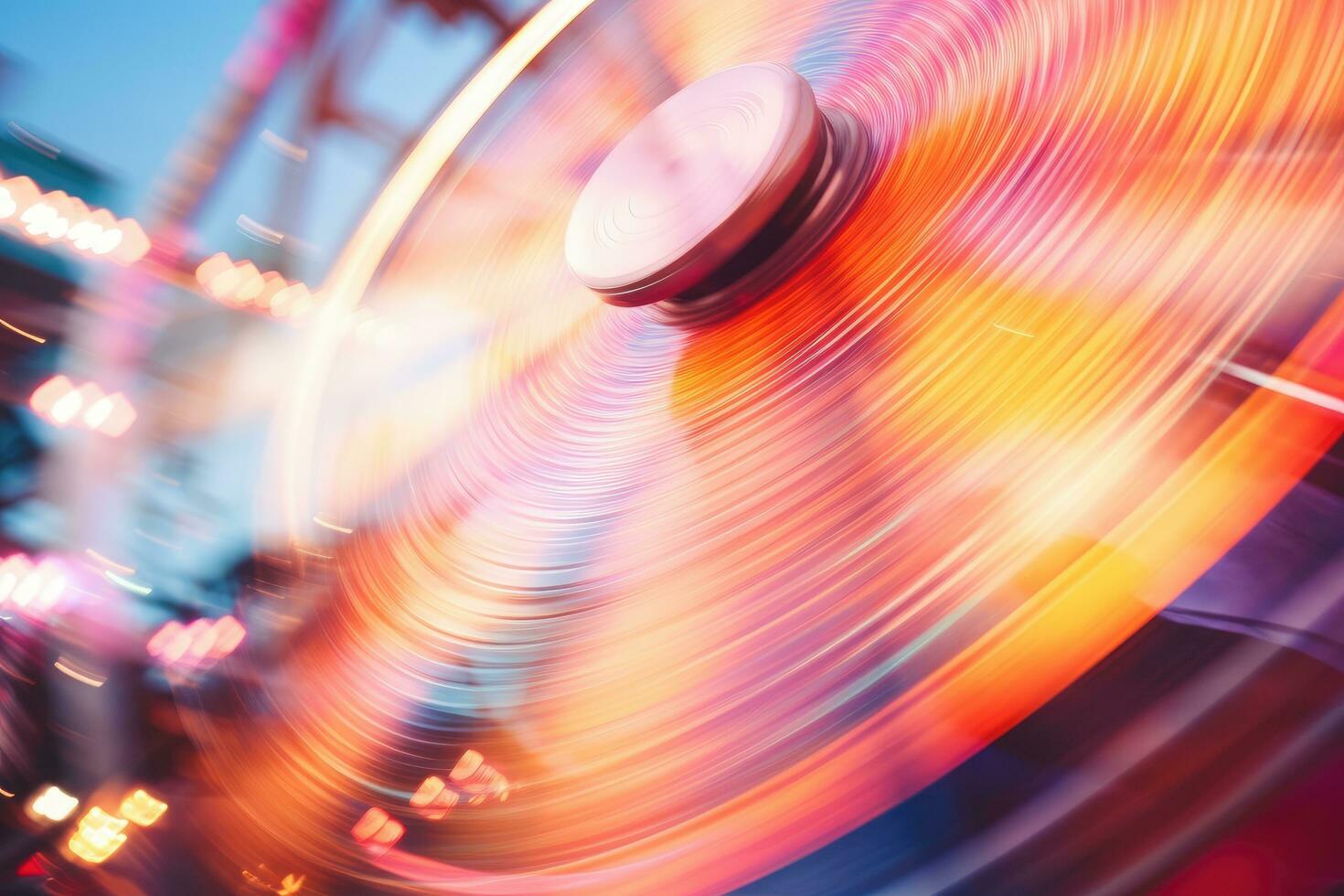 ancien ferris roue dans le amusement parc, mouvement brouiller effet, abstrait brouiller image de illuminé ferris roue dans amusement parc, ai généré photo