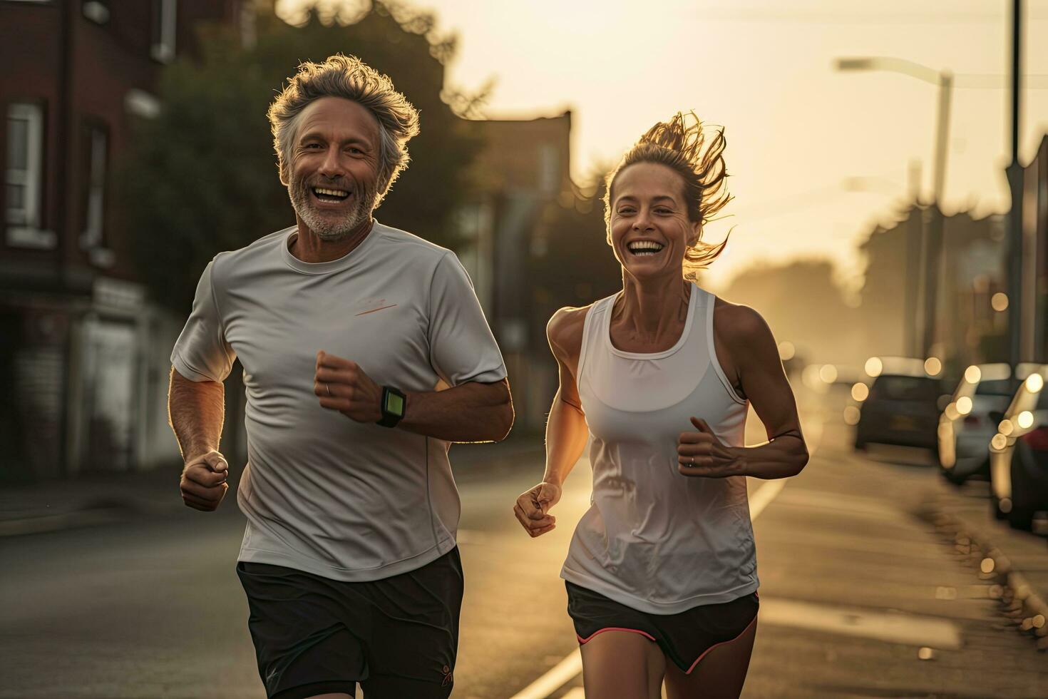 Multi-éthnique groupe de gens le jogging dans le ville à lever du soleil, une couple de adulte actif gens sur une Matin courir, ai généré photo