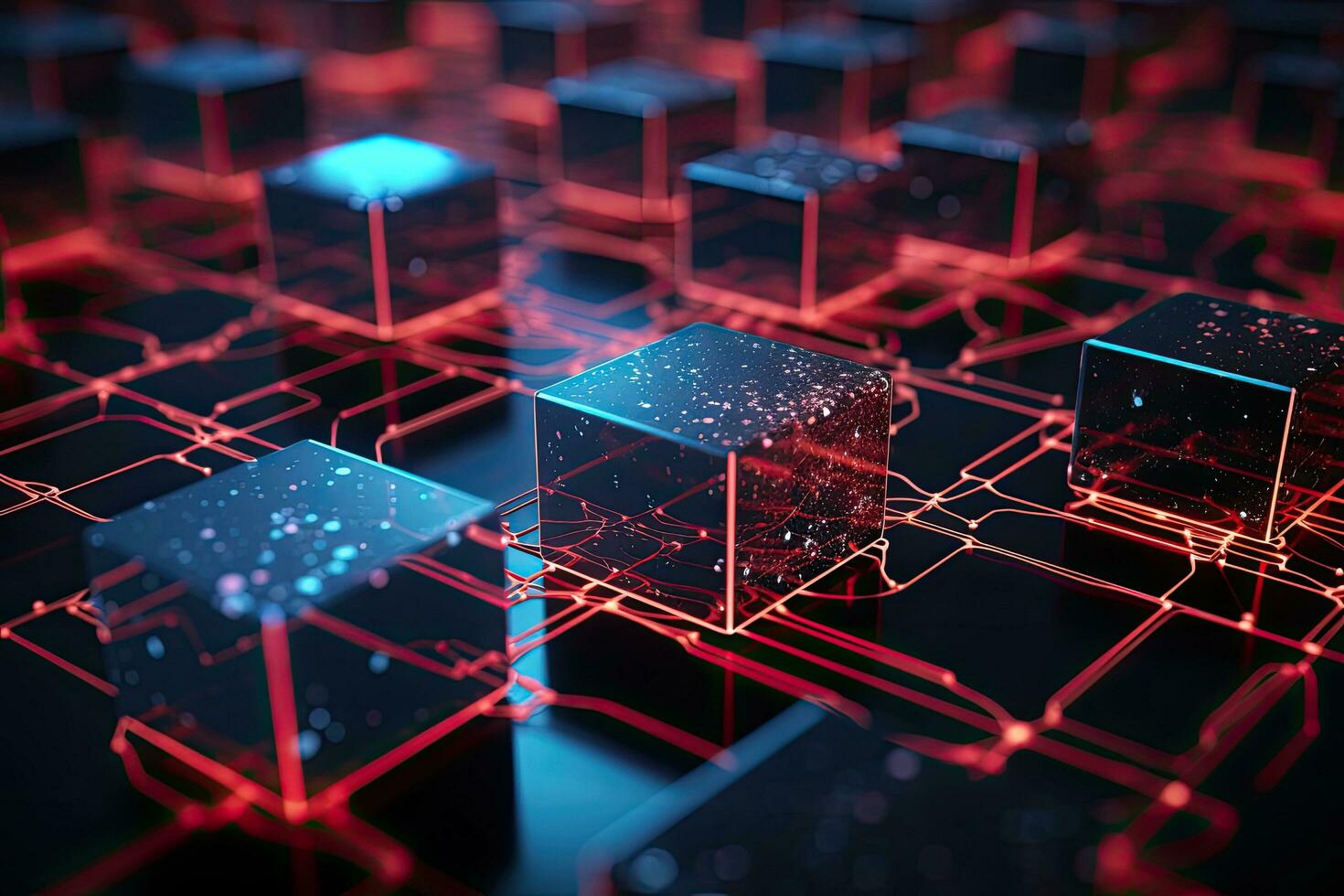 abstrait technologique Contexte avec cubes. 3d le rendu, 3d illustration. une fermer de une rouge embrasé blockchain réseau avec blocs, ai généré photo