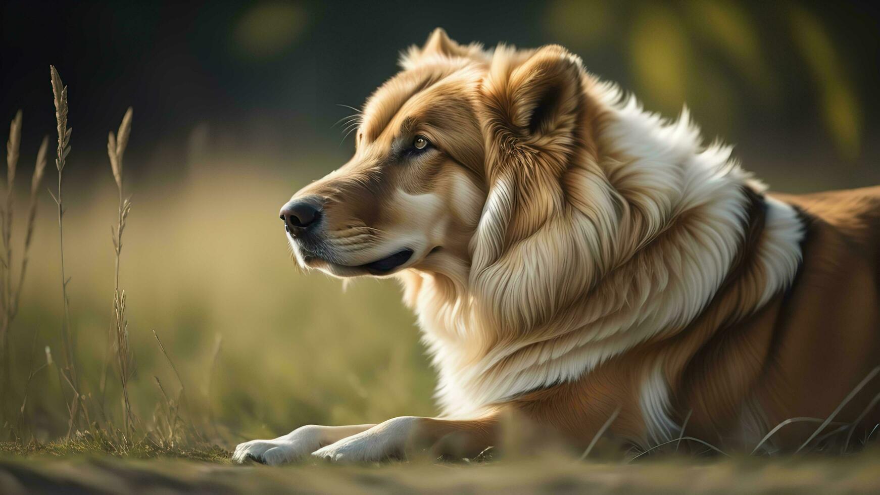 portrait de une magnifique australien berger chien mensonge dans le herbe. génératif ai photo