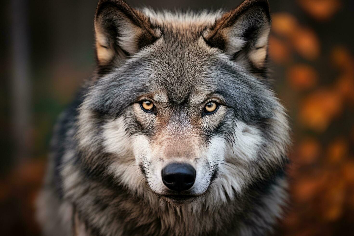 portrait de une Loup dans le forêt. une gris Loup regarder proche en haut portrait, ai généré photo