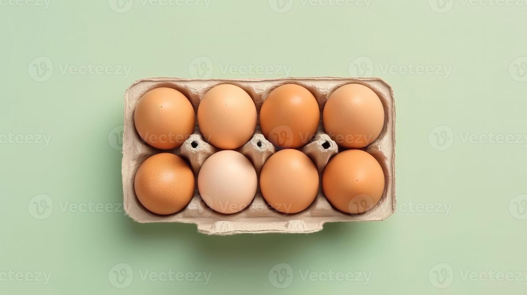 ai généré Haut vue de brut marron poulet des œufs dans Oeuf carton boîte. photo