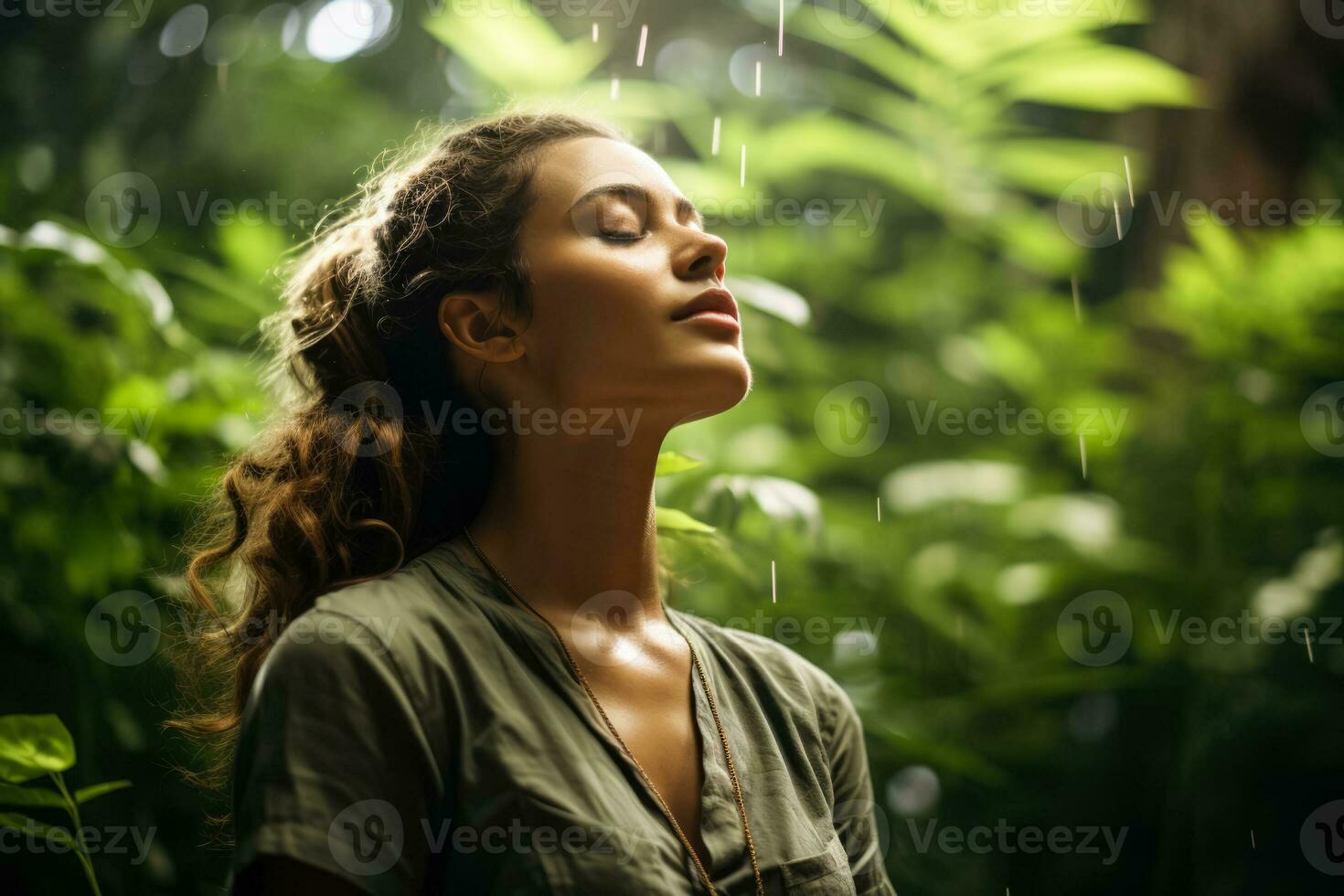 en dessous de une canopée de feuilles une la personne les pratiques conscient respiration sentiment le la terre énergie une lien à la nature pour monde mental santé journée photo