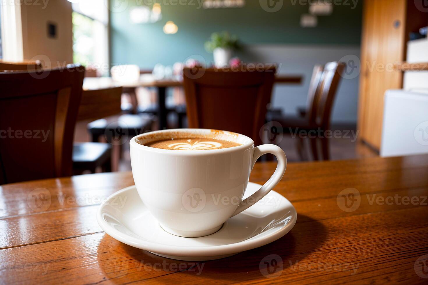 réaliste photo de une café tasse sur bois table dans une café magasin avec confortable atmosphère