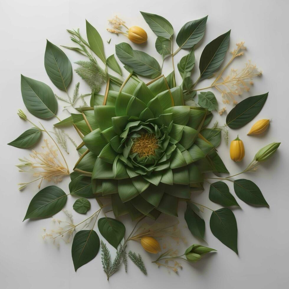 fleur arrangement fabriqué de succulent feuilles et fleurs, Haut voir. génératif ai photo